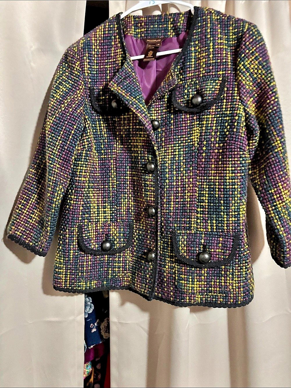 Multiples Textured Abstract Blazer in Purple & Green Size Medium